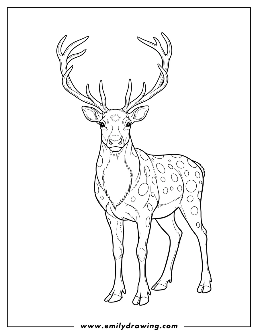 Full page coloring image of realistic Looking Reindeer Scaled with antlers and spots, standing