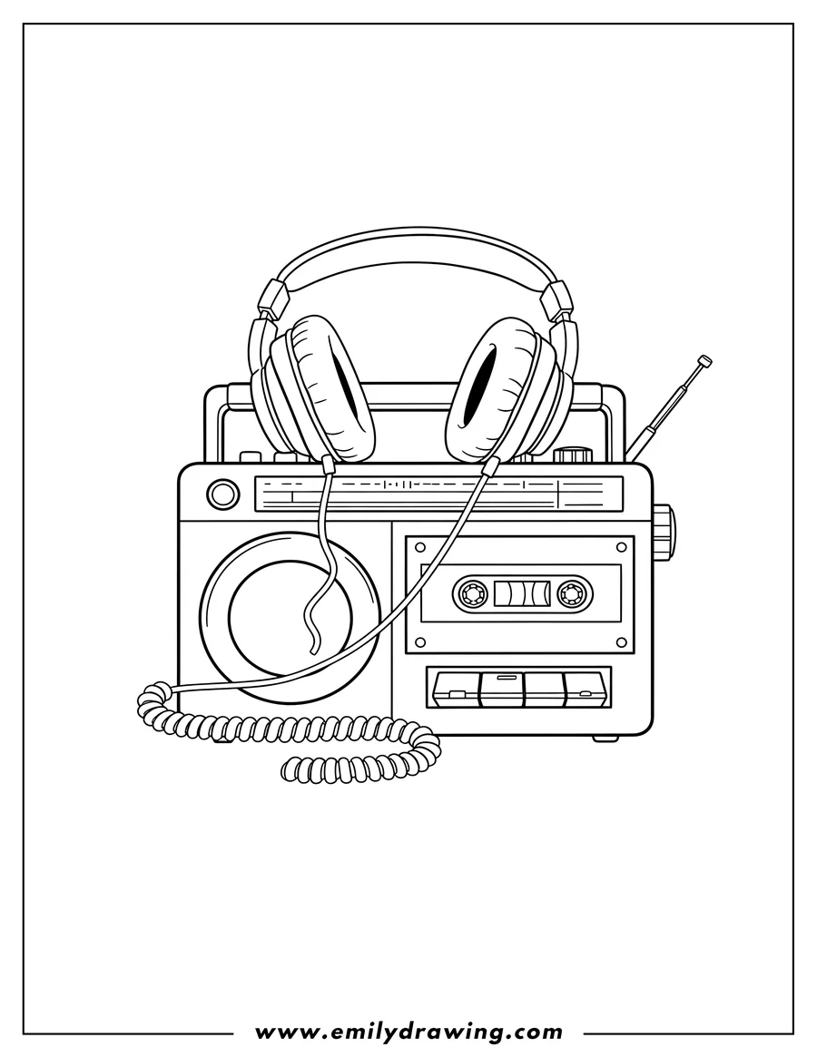 Full page coloring image of retro Cassette Player with Headphones resting on top