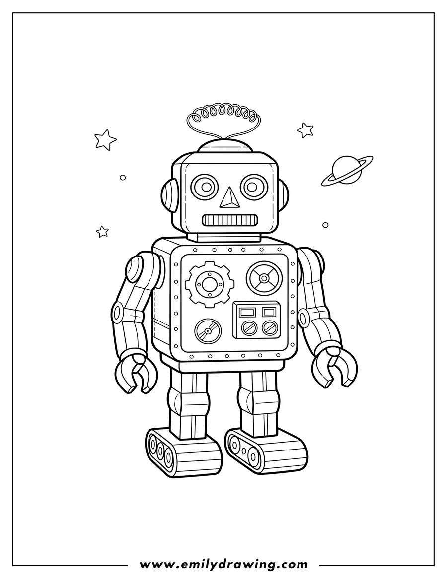Coloring sheet featuring realistic Retro Toy Robot standing, with antennae