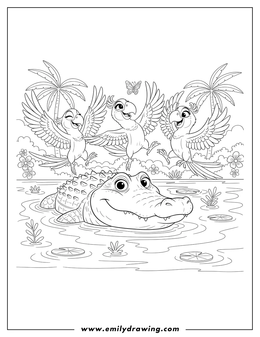 Coloring page of rio birds dancing, one with a butterfly, on a submerged alligator