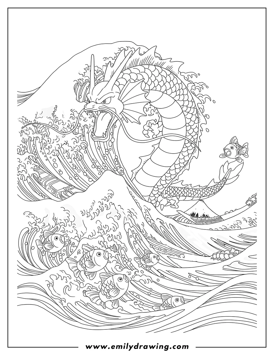 Printable line art of roaring Gyarados and multiple Magikarp splashing in a Hokusai Great Japanese Wave