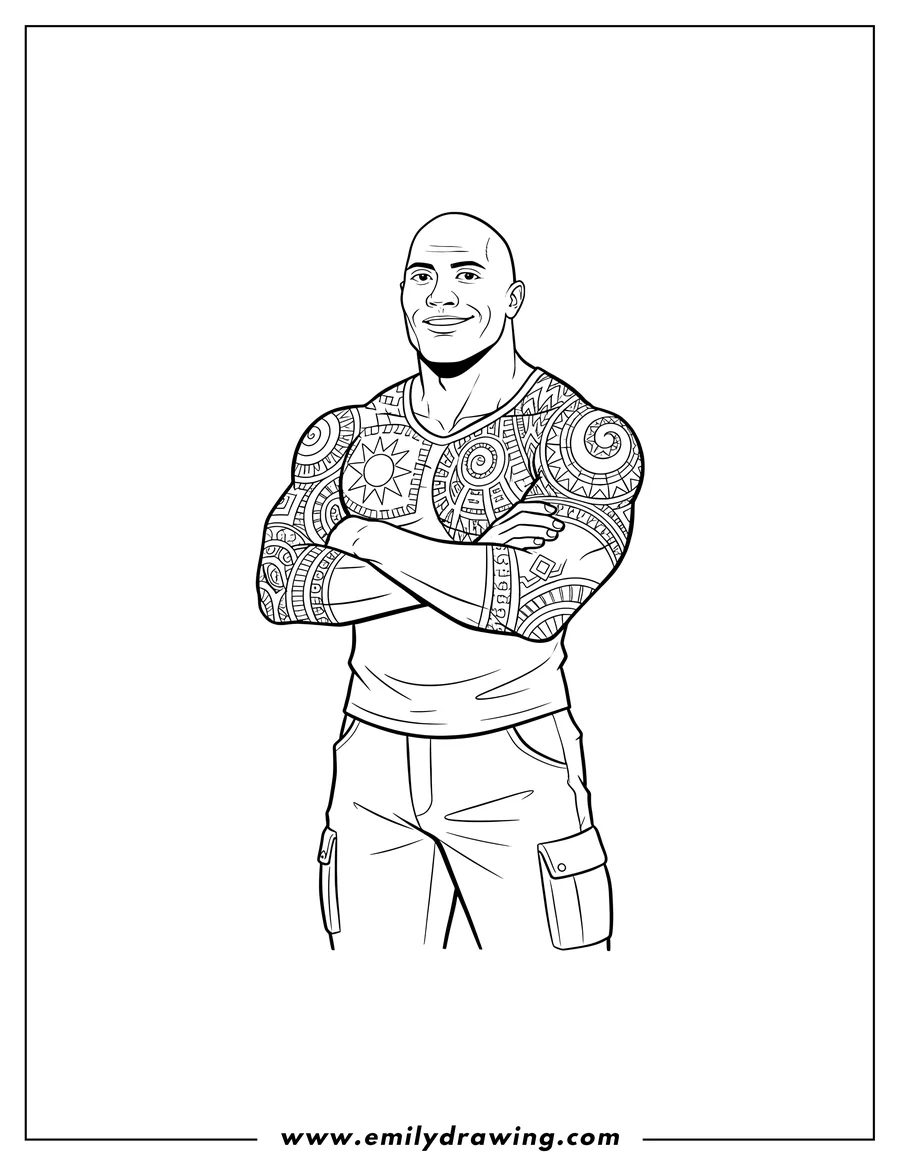 Coloring page for kids: realistic Rock Dwayne Johnson with arms crossed and tribal tattoos