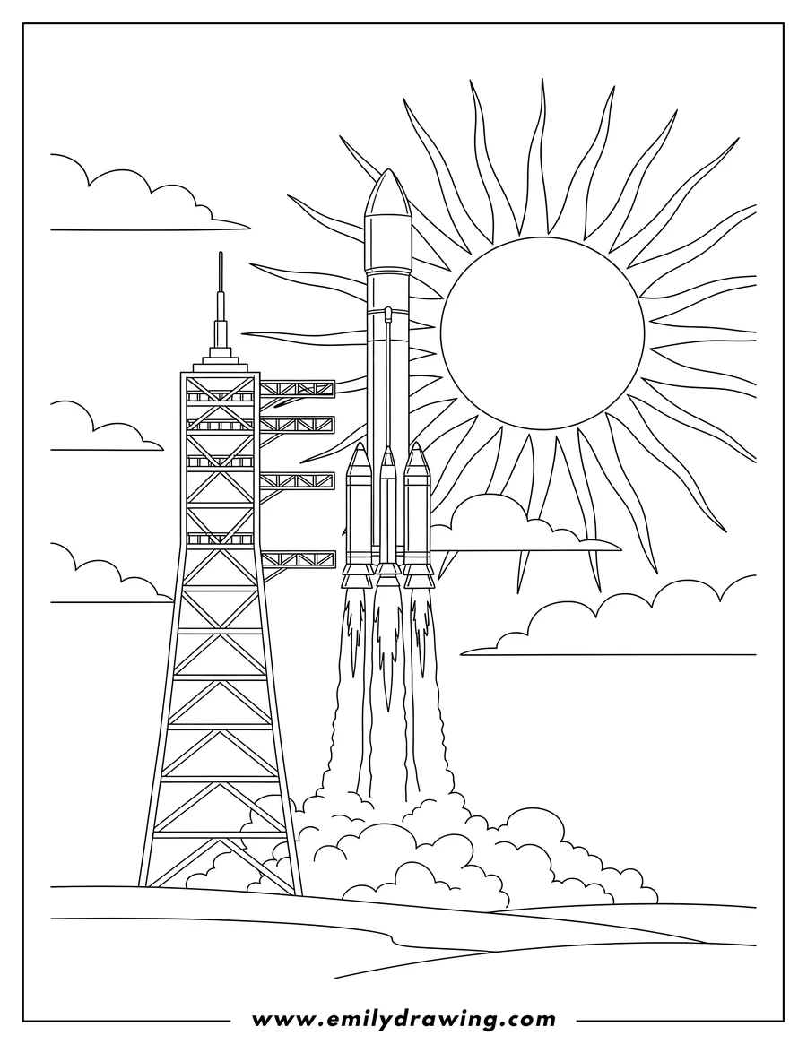 Simple sketch of realistic Rocket on a launch tower launching with exhaust and a sun background to color