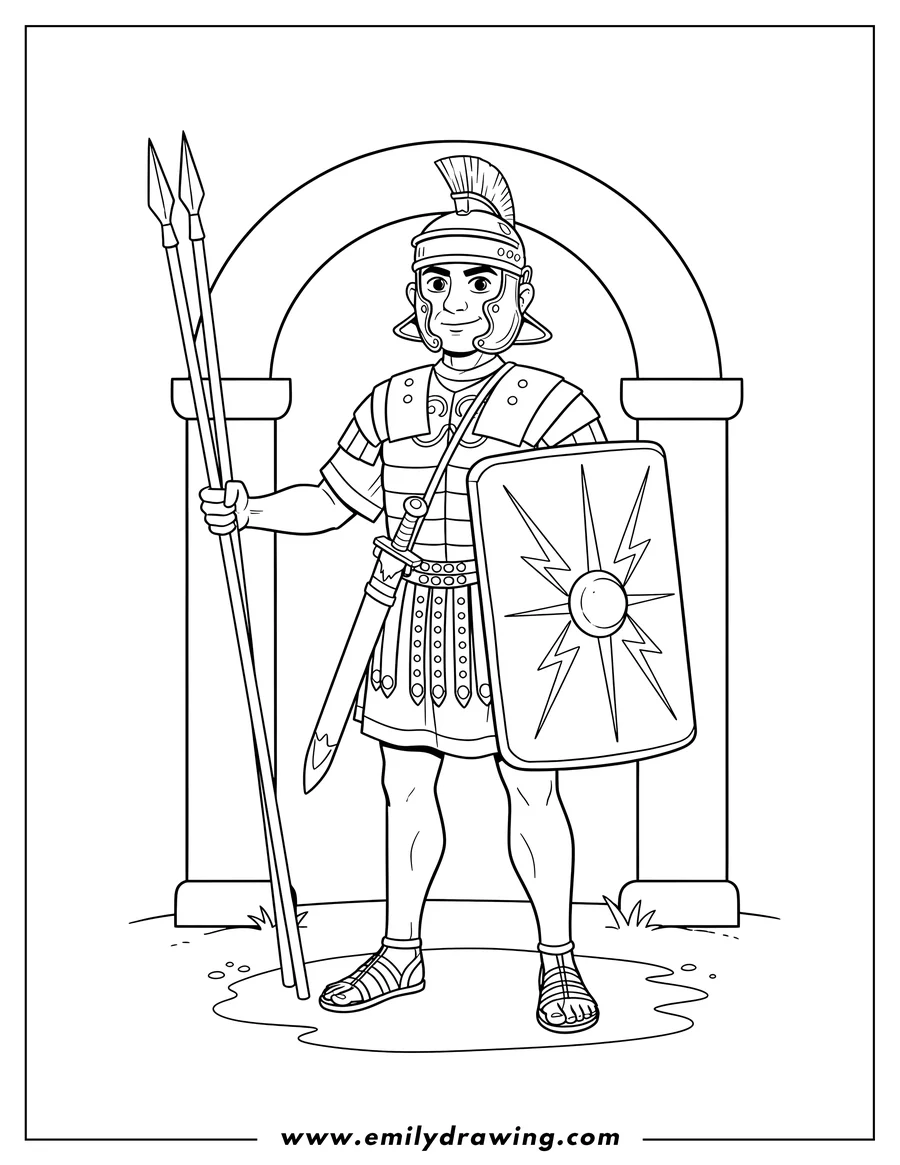 Full page coloring image of realistic Roman Soldier standing in full armor, holding spears, with a sword and shield