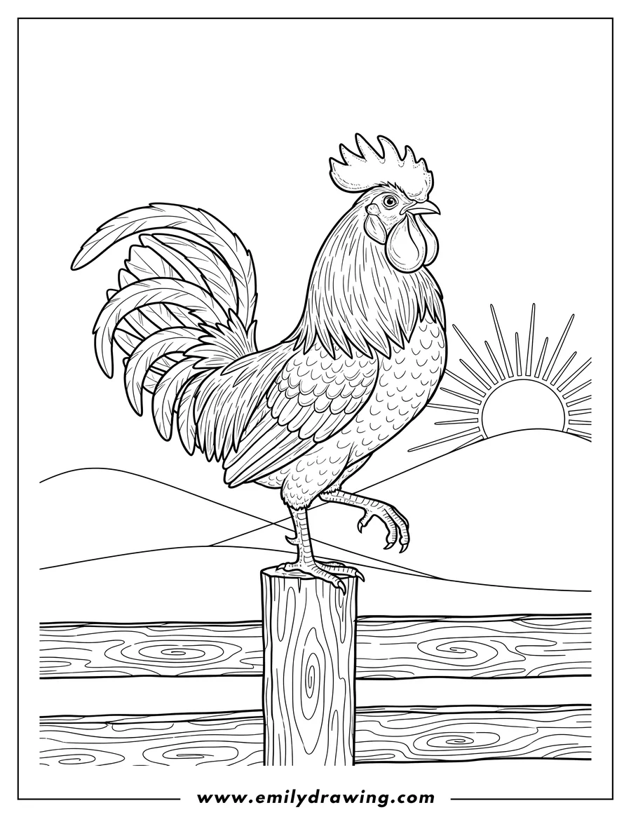 Clean line drawing: realistic rooster standing on a fence