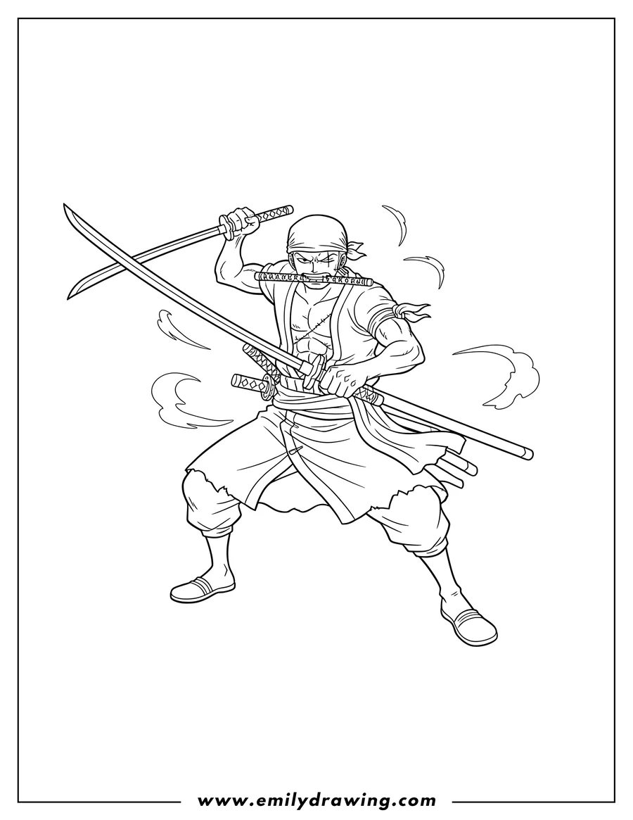 Downloadable coloring page of roronoa Zoro in a fighting pose, wielding two swords with a third sheathed