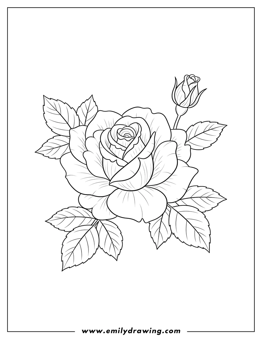 Free to print drawing of realistic rose tattoo with leaves and a small bud