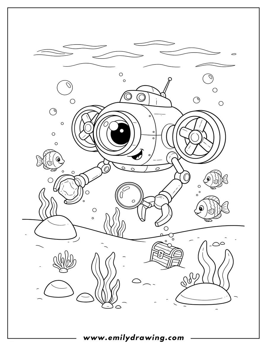 Coloring sheet featuring realistic ROV submersible exploring the ocean floor