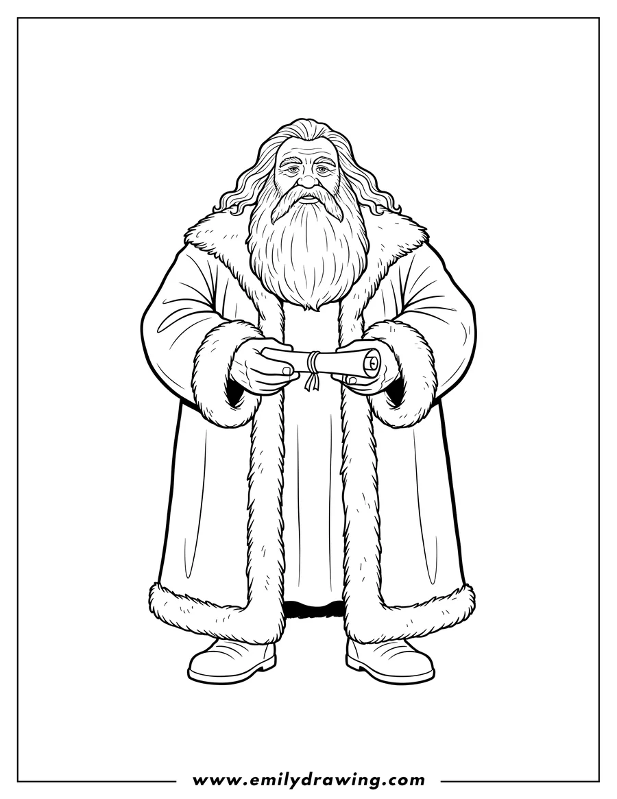 Printable coloring page of realistic Rubeus Hagrid V2, standing in his long coat, holding a rolled-up item