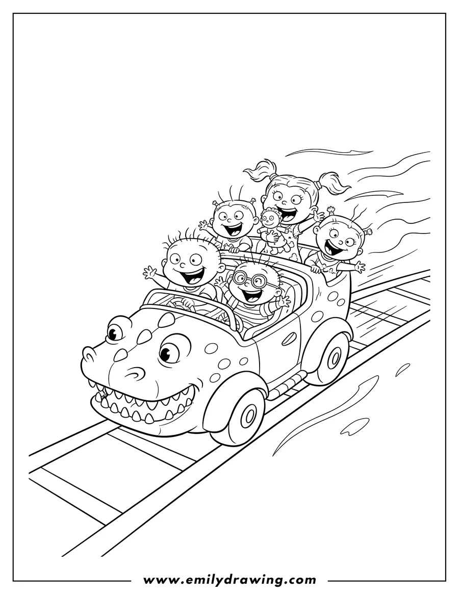 PDF style coloring page: rugrats Tommy driving the Reptar Car with Dil, Chuckie, Angelica holding Cynthia, Lillian, and Philip on a wild, screaming ride