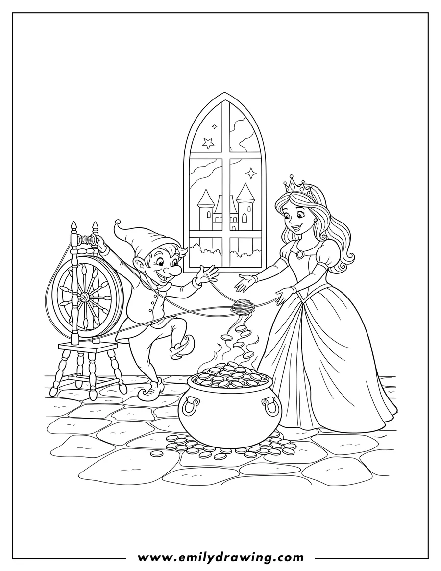 Coloring page for kids: rumpelstiltskin spinning with the princess and a pot of gold