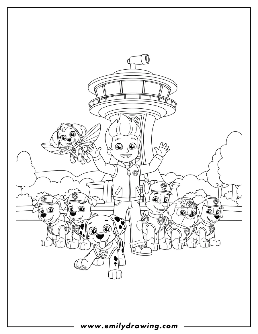 Black and white line art of ryder and his pup friends grouped together at the Lookout Tower, with one pup playfully crawling