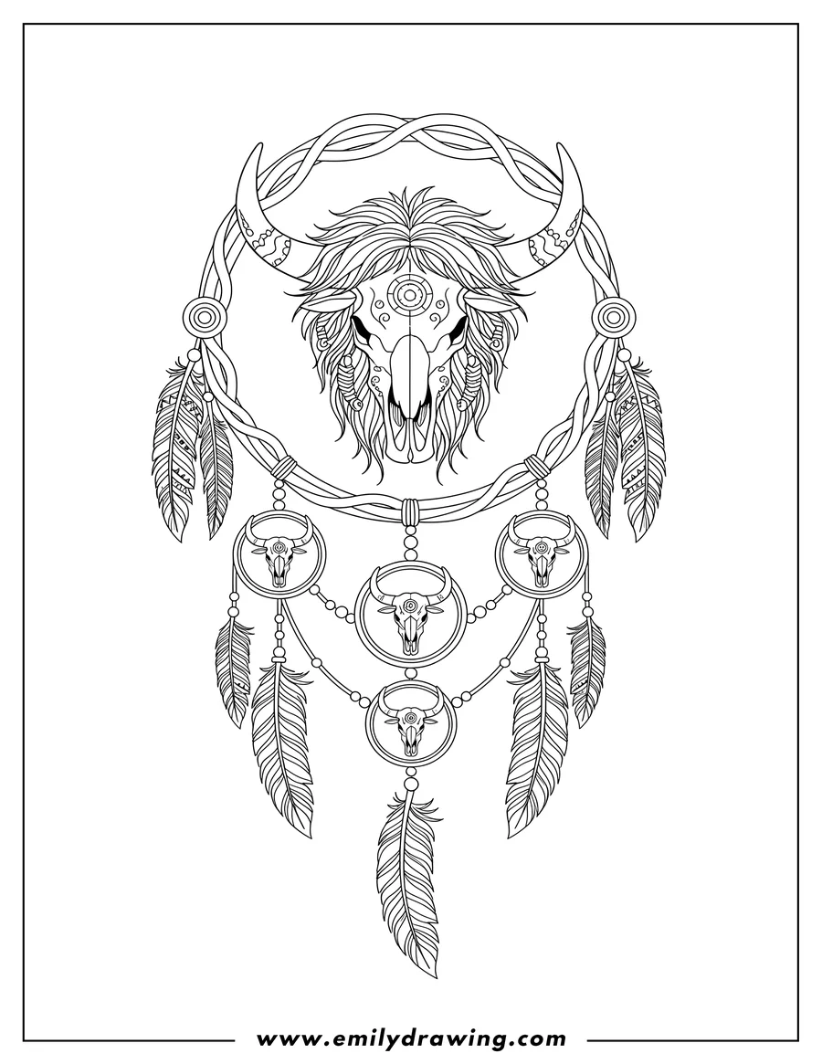 Black and white line art of sacred Buffalo Spirit Dreamcatcher with a central detailed bull head, adorned with hanging bull skulls, bull head medallions, and feathers
