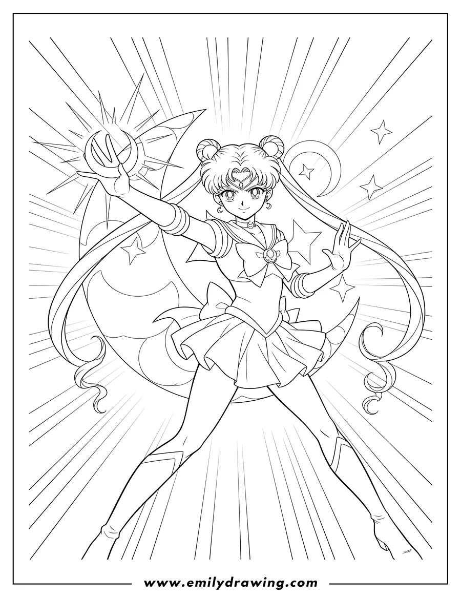 Linear illustration of realistic Sailor Moon Usagi in a fighting pose, holding her tiara, with flowing hair