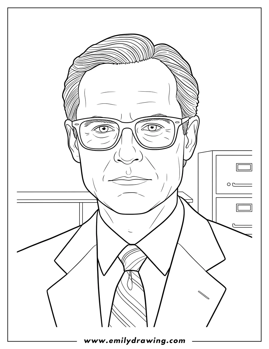 Black and white line art of office Sales Representative Dwight Schrute Portrait, wearing glasses and a suit