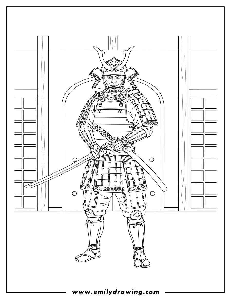 Full page coloring image of realistic Samurai in full armor holding a katana, inside a castle