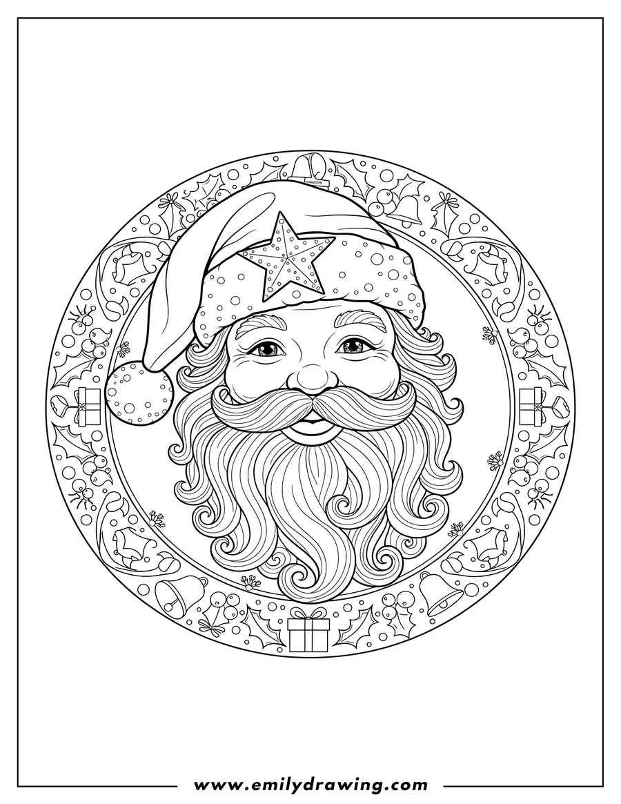 Free to print drawing of realistic Santa's face with a star on his hat, inside a Christmas Mandala