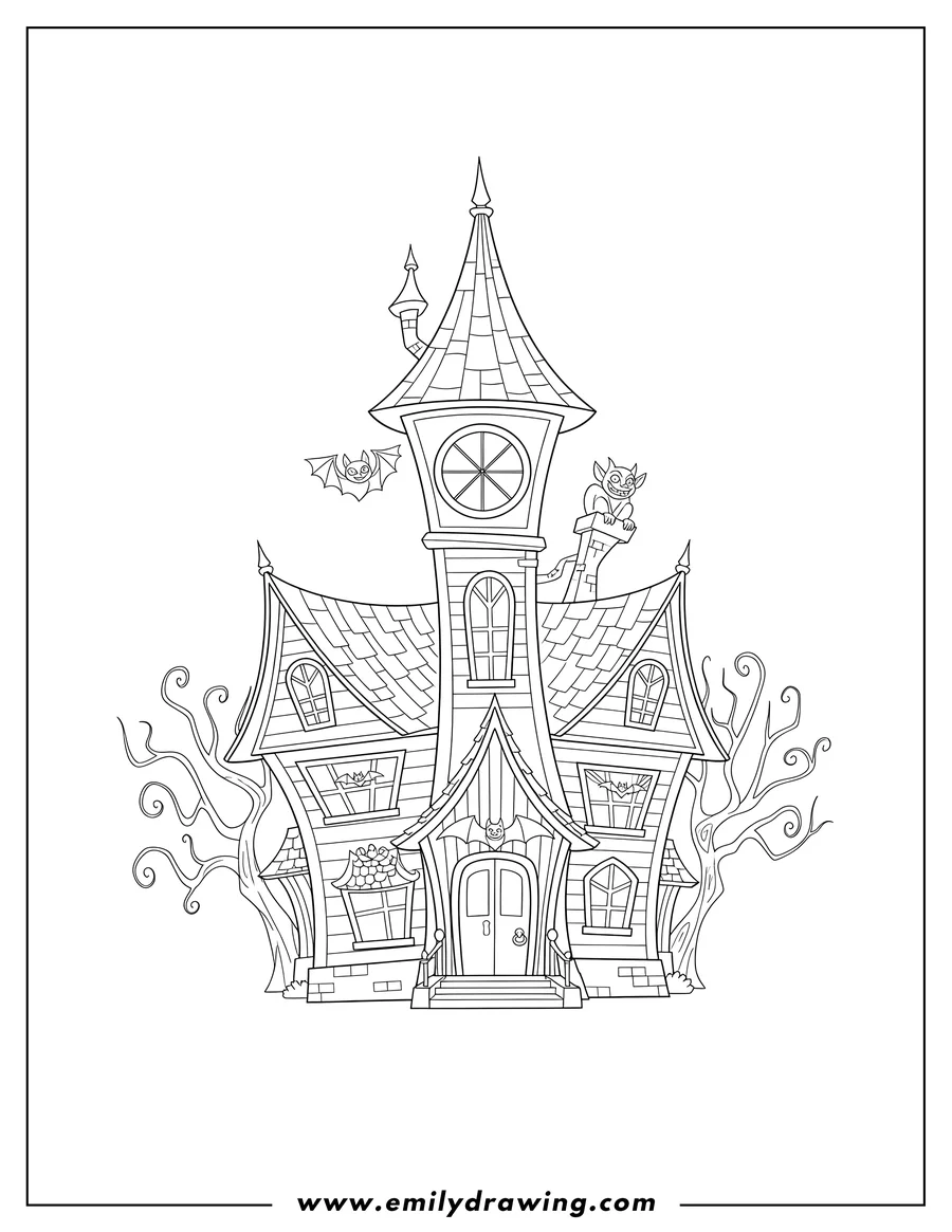 Downloadable coloring page of detailed Scare Bb mansion from Vampirina with a central tower