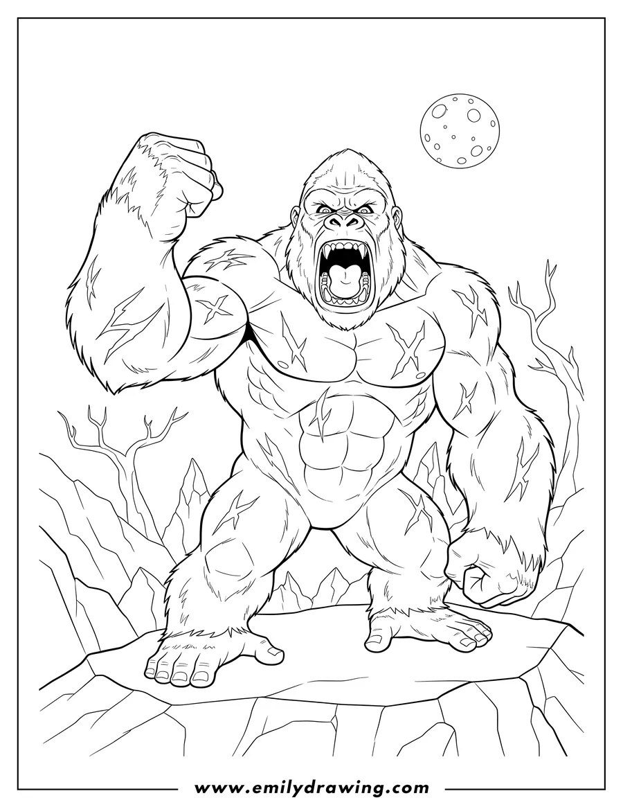 Free printable coloring sheet of scarred King Kong roaring with mouth wide open, fist clenched, on Skull Island