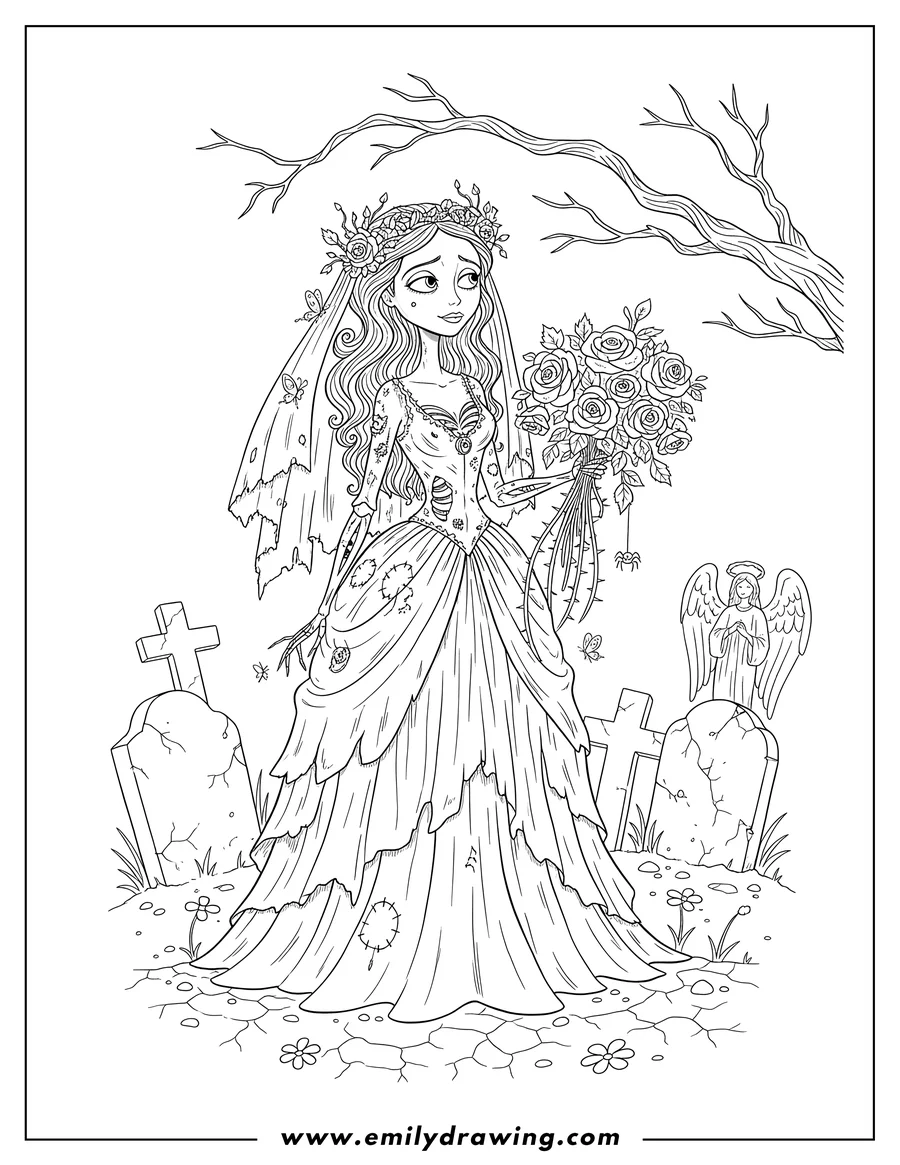 Linear illustration of scary Corpse Bride Emily At Cemetery, holding a bouquet of roses, with a skeletal arm
