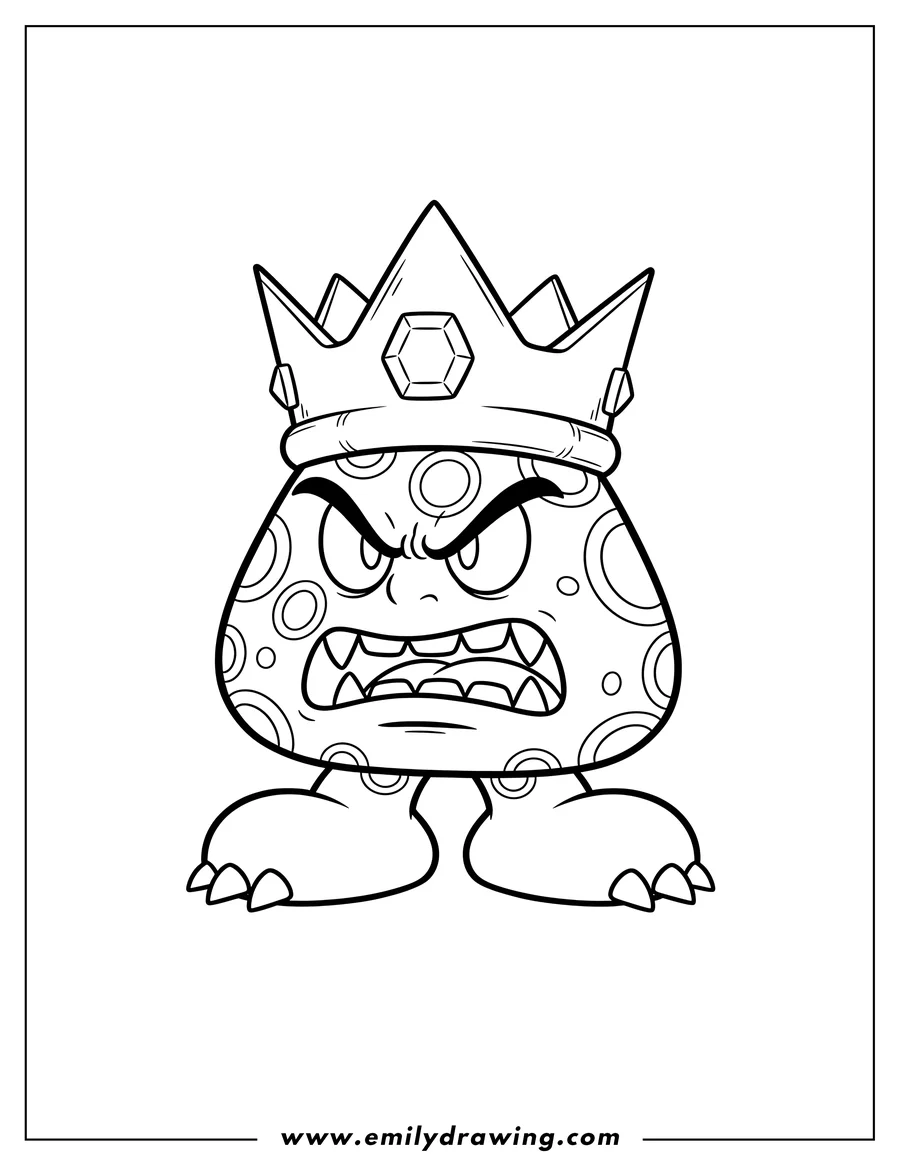 High quality printable scary Goomboss Outline, wearing a crown and an angry expression for coloring