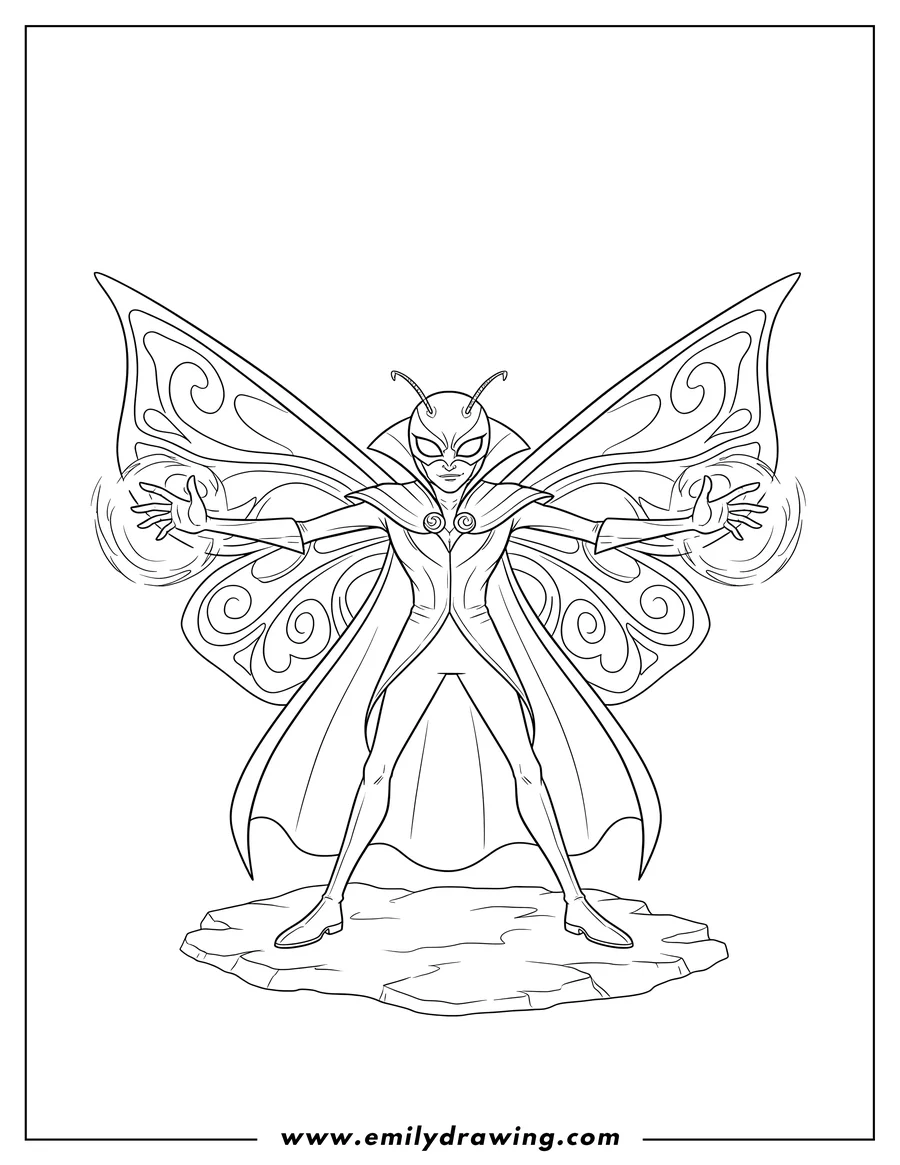 Doodle style coloring picture of scary Hawk Moth Outline standing with arms outstretched