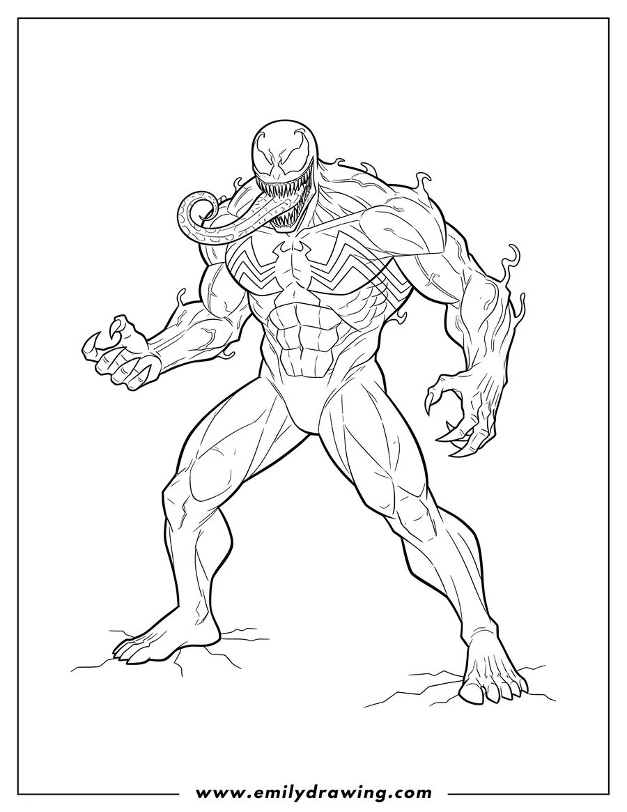 Coloring page of scary Looking Venom With Tongue Out, standing powerfully with a spider emblem on his chest