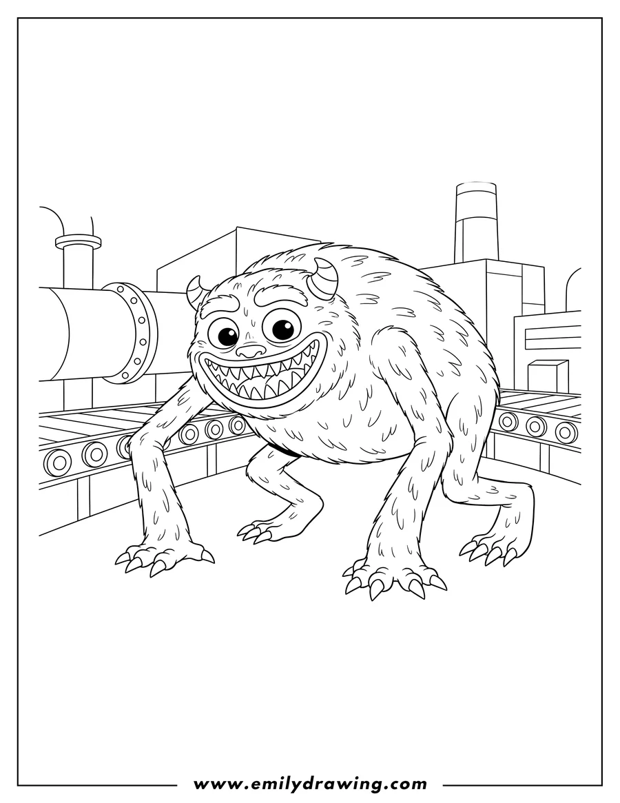 PDF style coloring page: scary Wuggles with a wide toothy grin, crawling on all fours in a factory