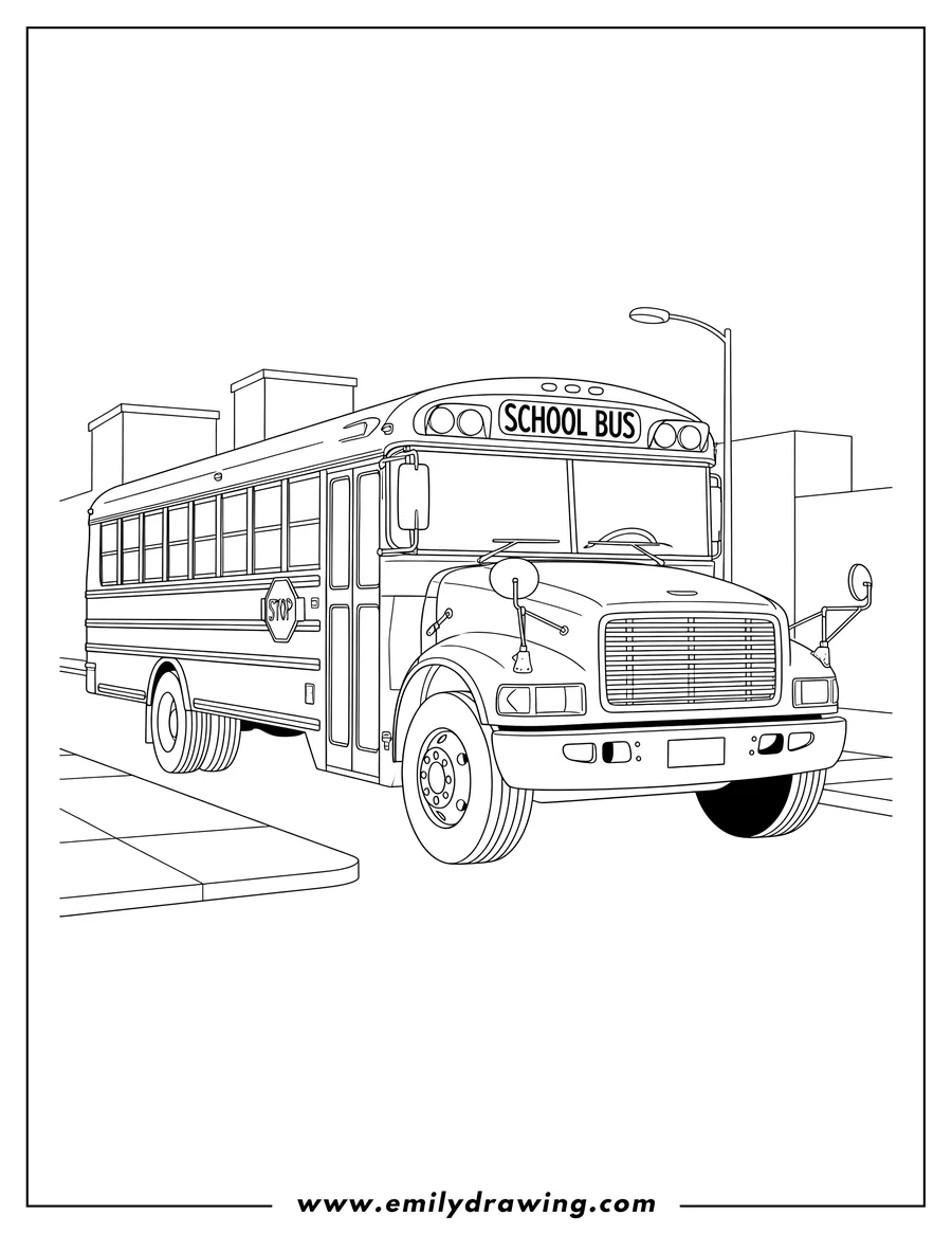 Printable coloring page of realistic School Bus with SCHOOL BUS sign, parked on a city street