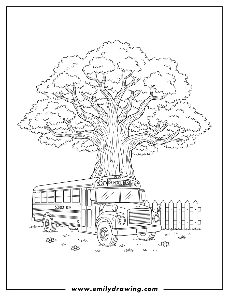 Coloring page of school Bus Parked Front Massive Tree, next to a white picket fence