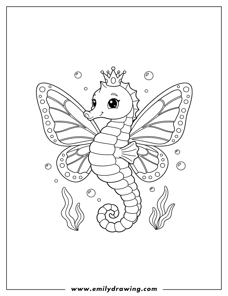 Coloring page for kids: seahorse With Butterfly Wings, upright with curled tail