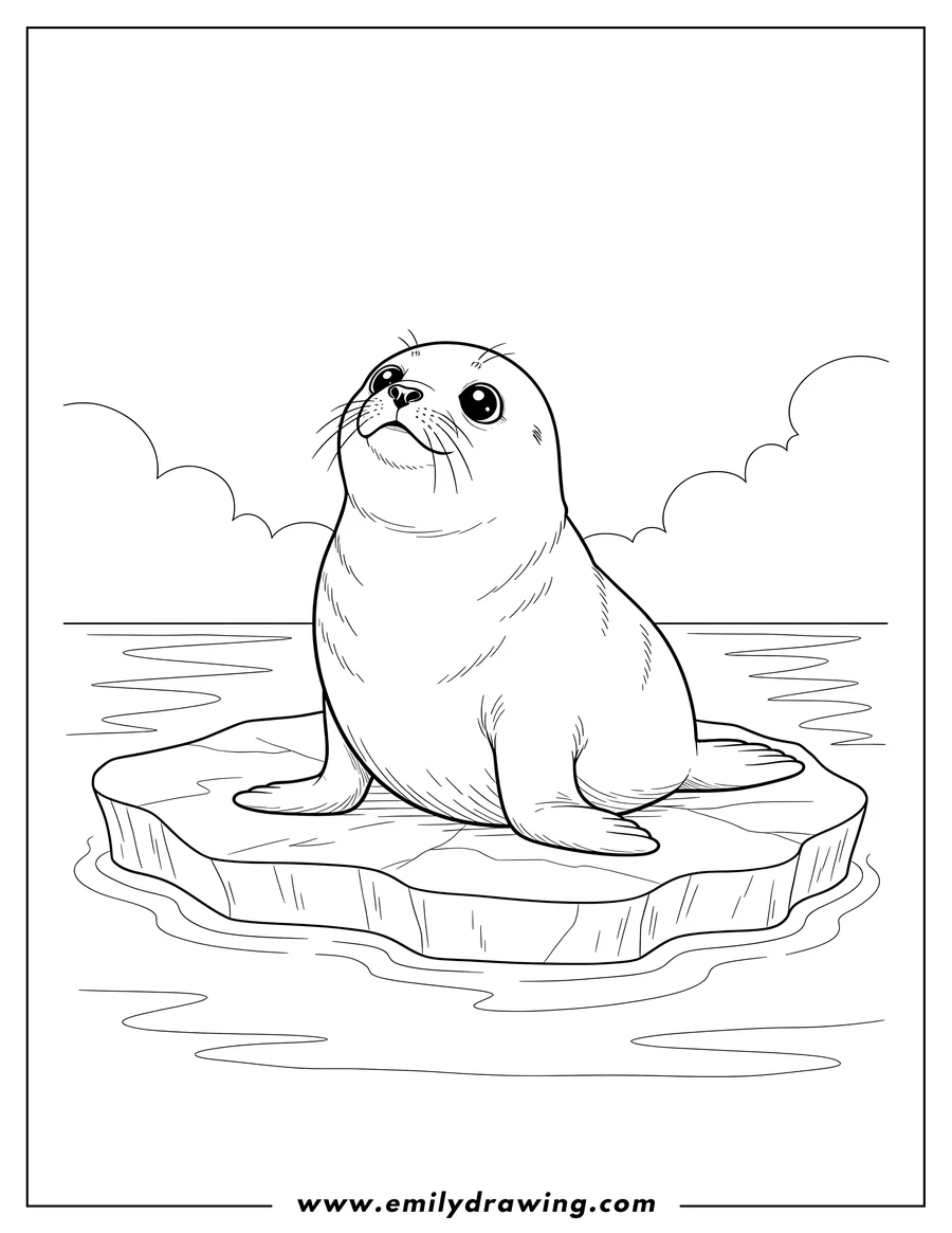 Black and white line art of realistic Seal Looking Up At Sky, sitting on an ice floe