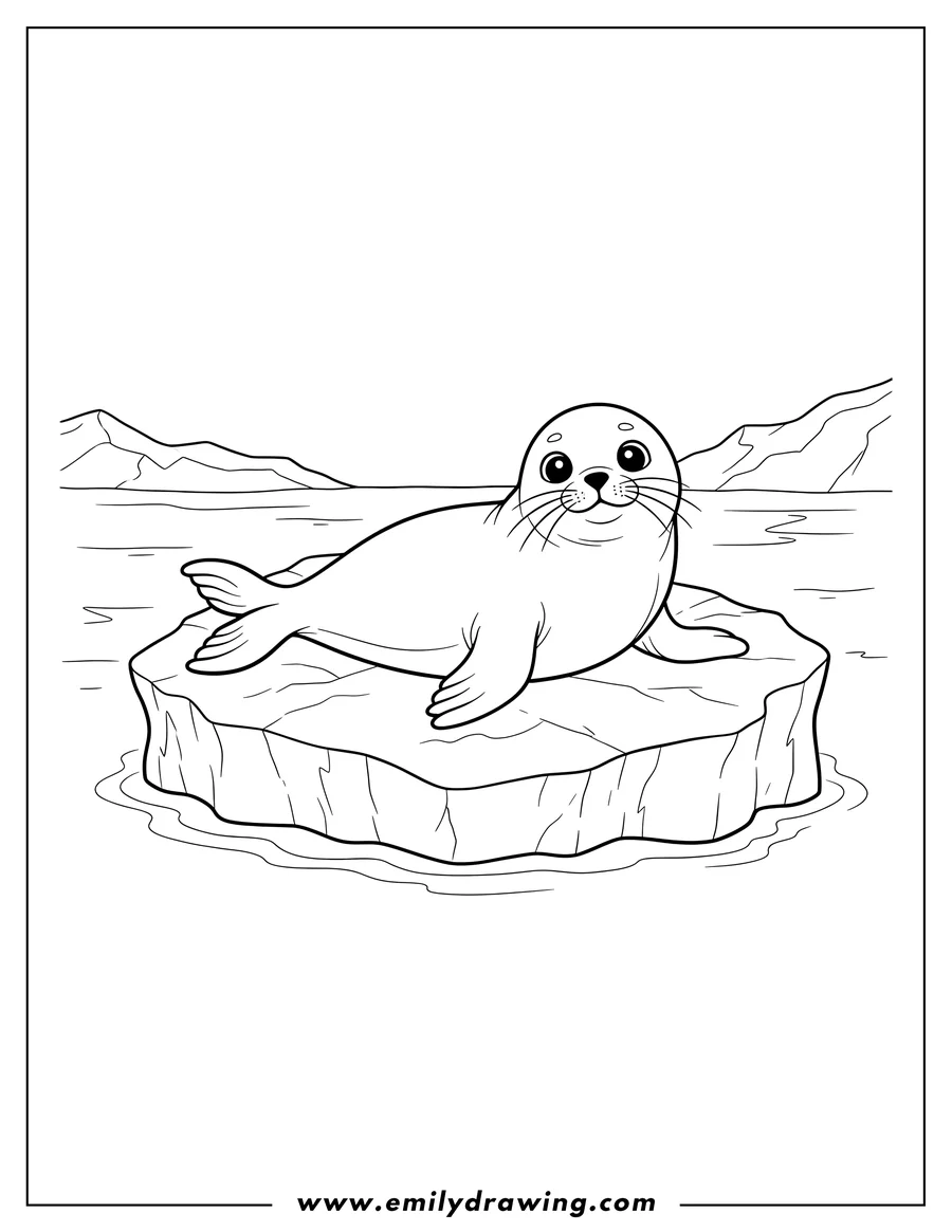 Coloring sheet featuring realistic Seal Lying on Its Side on an Iceberg, Looking Forward