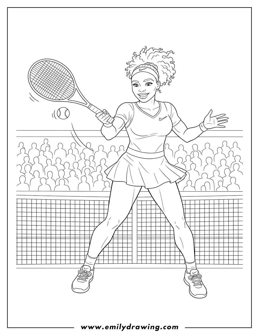 Black and white line art of serena Williams with curly hair hitting a tennis ball, wearing a Nike outfit