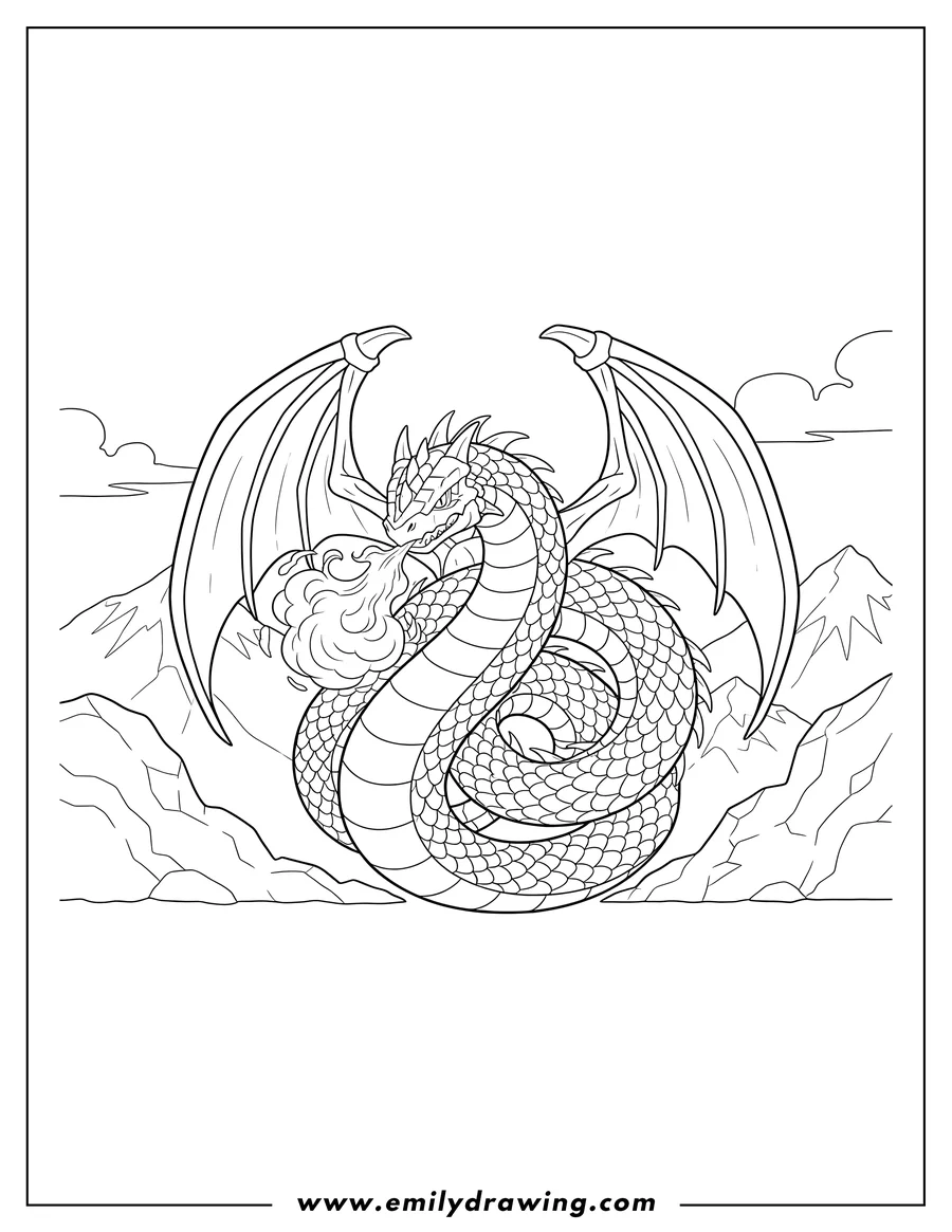 Coloring page of bakugan Serpenoid dragon with wings, coiled and breathing fire in the mountains