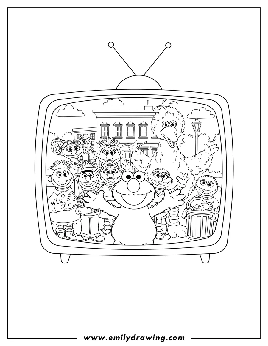 Outline drawing of sesame Street Tv coloring page with a large group of characters posing together