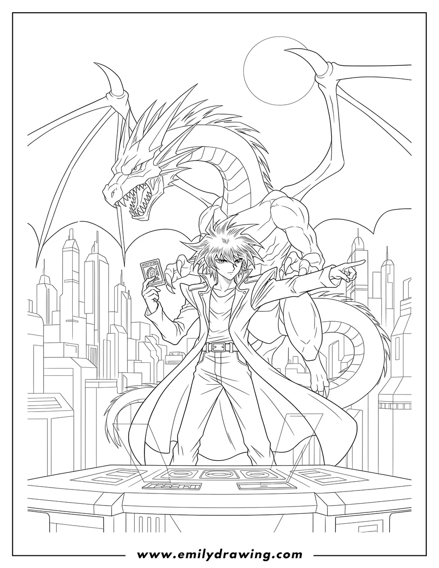 Printable line art of seto Kaiba playing Duel Monsters with his Blue-Eyes White Dragon, holding a card and pointing