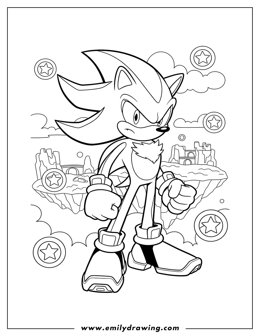 High quality printable shadow standing with a serious expression, looking right, and clenched fists, surrounded by floating rings on Angel Island for coloring