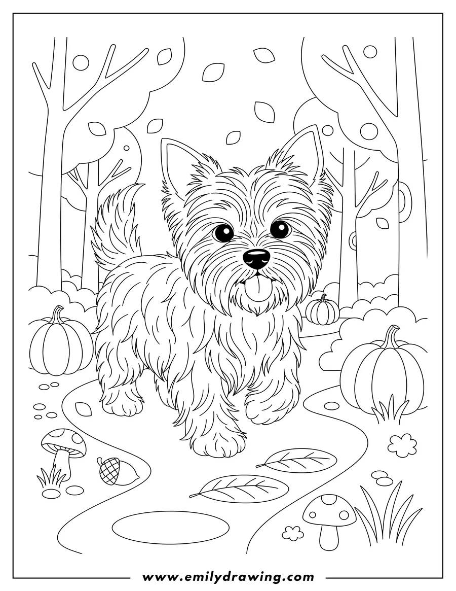 Free to print drawing of refined Scene: Shaggy Yorkie Terrier walking through an autumn forest with its tongue out