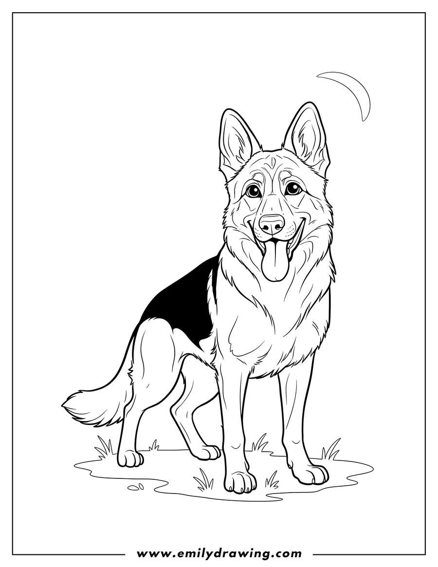 Linear illustration of realistic German Shepherd standing with its tongue out