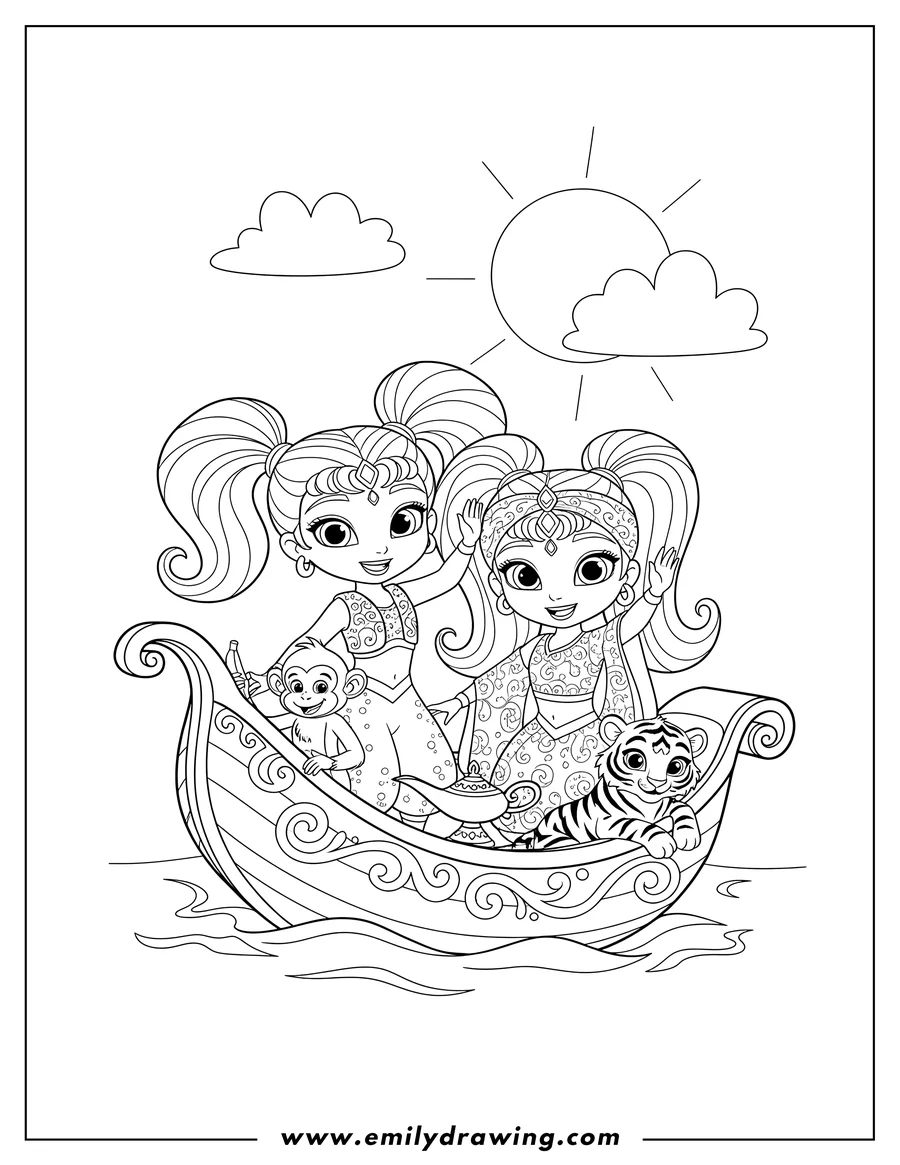 Coloring sheet featuring shimmer and Shine in a boat with their pets