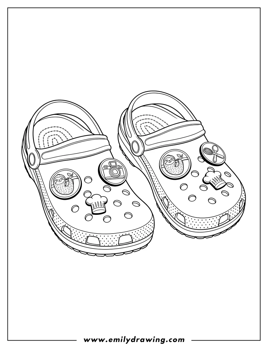 Clean line drawing: two Crocs with varied Jibbitz charms, including a sloth, camera, and chef charm