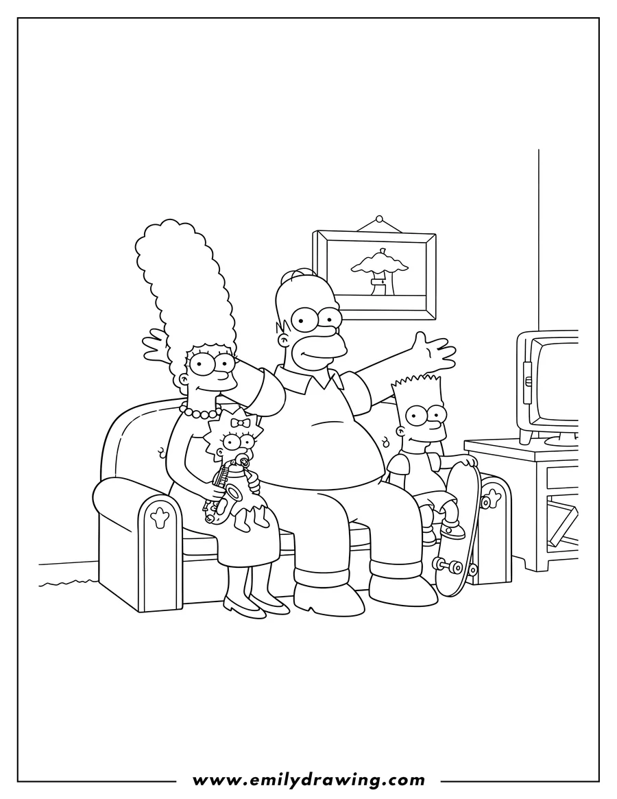 Free to print drawing of homer, Marge, Bart, Lisa, and Maggie Simpson sitting on a couch
