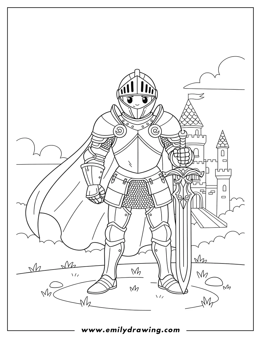 Coloring page of sir Lancelot Shadow in full knight armor holding an ornate sword