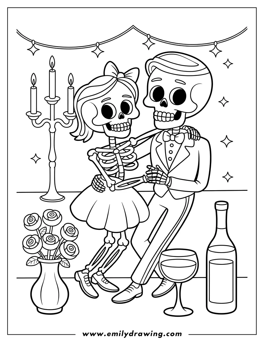 Downloadable coloring page of skeleton Couple