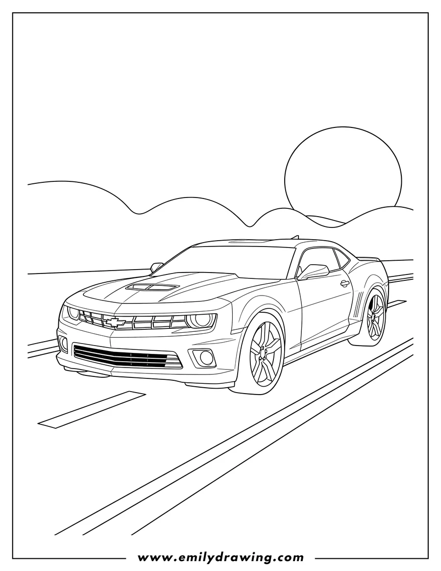 PDF style coloring page: sleek Chevrolet Camaro from a front-quarter view on a road with lane markings