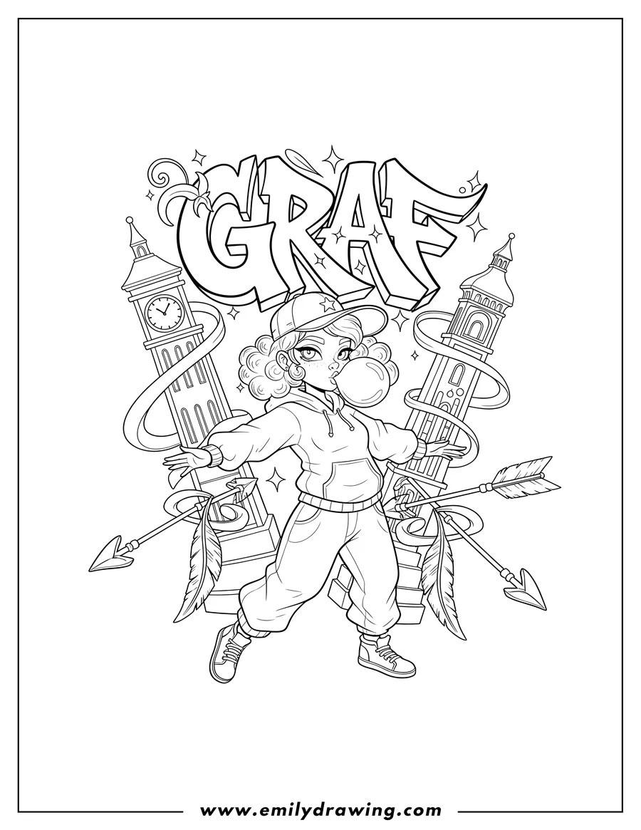 Black and white line art of sleek GRAF graffiti with a woman blowing bubble gum, flanked by two clock towers and arrows