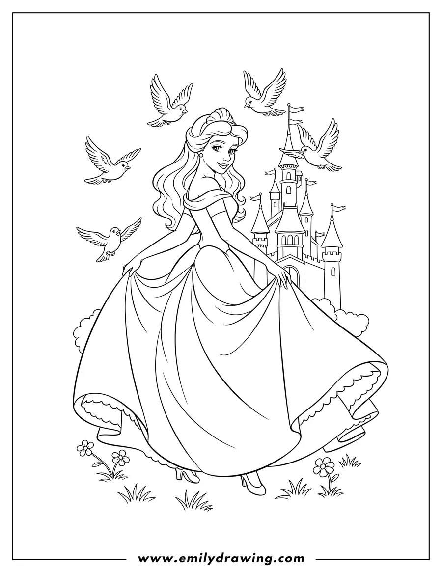 Simple sketch of sleeping Beauty looking back, holding her dress, with birds flying, and a castle in the background to color