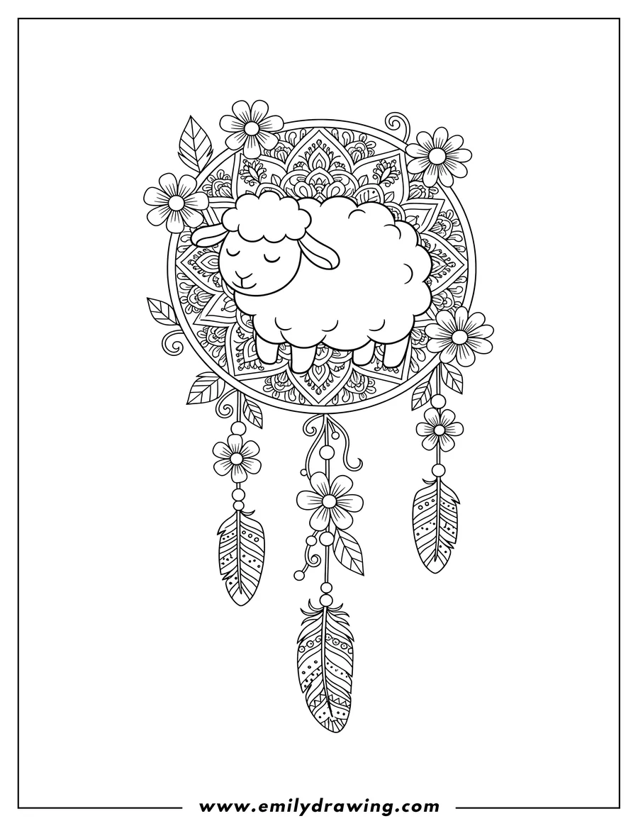 Black and white line art of sleepy Sheep with closed eyes inside a whimsical dreamcatcher with a mandala pattern, decorated with flowers and dangling feathers