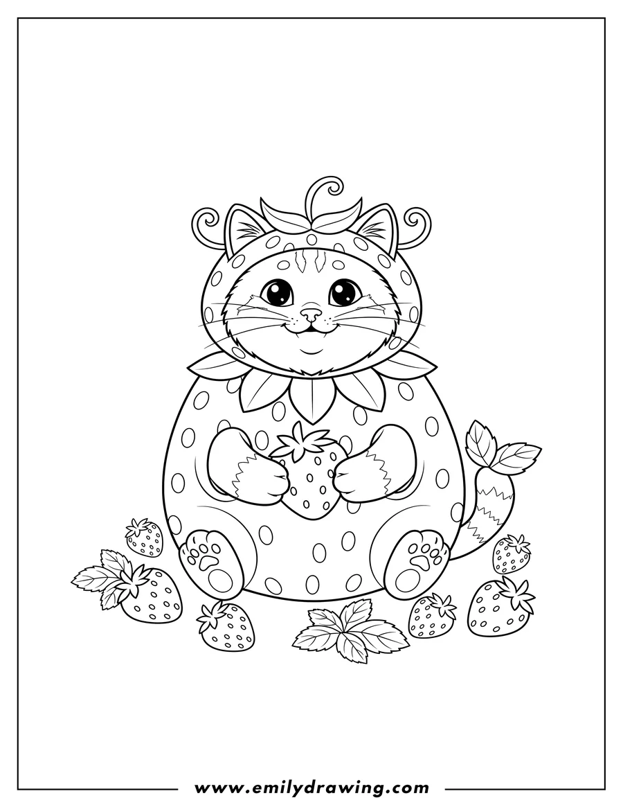 Coloring sheet featuring smiling cat sitting in a strawberry costume